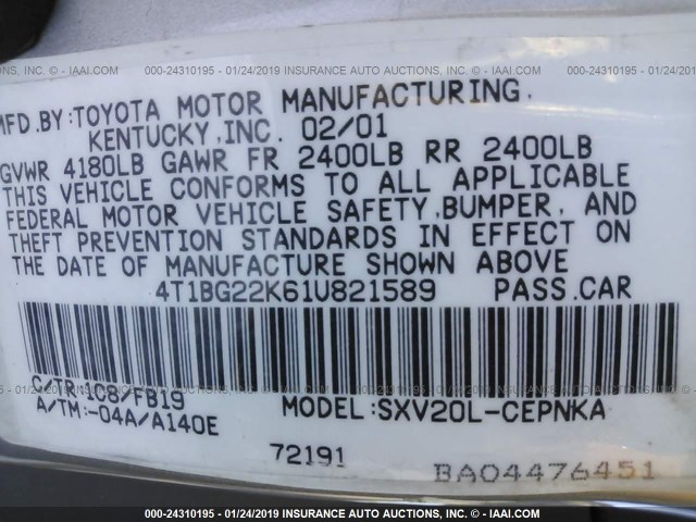 4T1BG22K61U821589 - 2001 TOYOTA CAMRY CE/LE/XLE SILVER photo 9