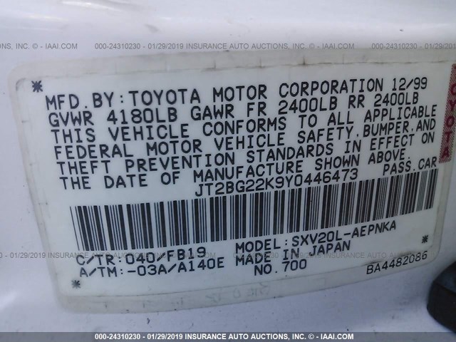 JT2BG22K9Y0446473 - 2000 TOYOTA CAMRY CE/LE/XLE WHITE photo 9