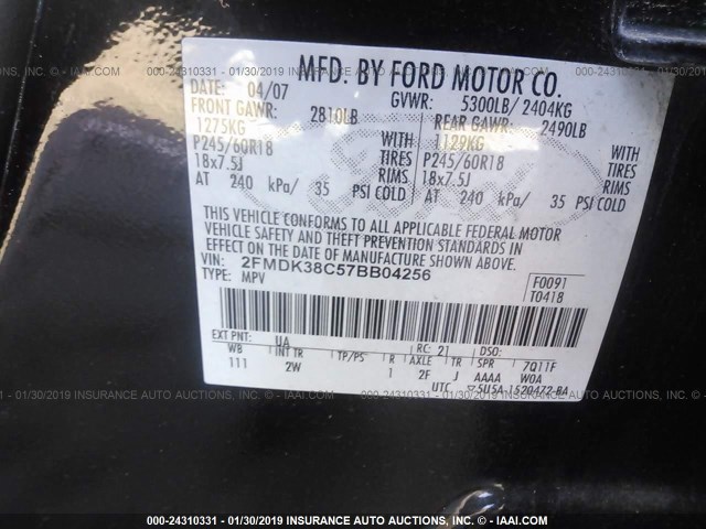 2FMDK38C57BB04256 - 2007 FORD EDGE SEL BLACK photo 9