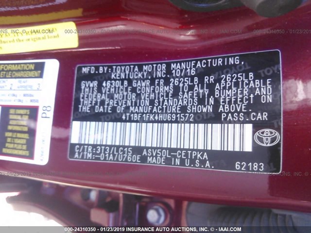 4T1BF1FK4HU691572 - 2017 TOYOTA CAMRY LE/XLE/SE/XSE წითელი ფოტო 9