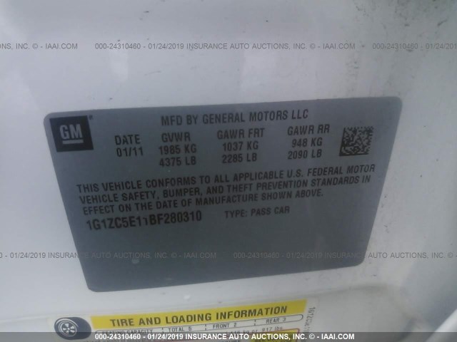 1G1ZC5E11BF280310 - 2011 CHEVROLET MALIBU 1LT 白色 照片 9