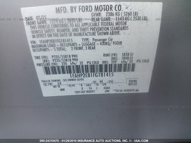 1FAHP2E81FG181415 - 2015 FORD TAURUS SEL SILVER photo 9