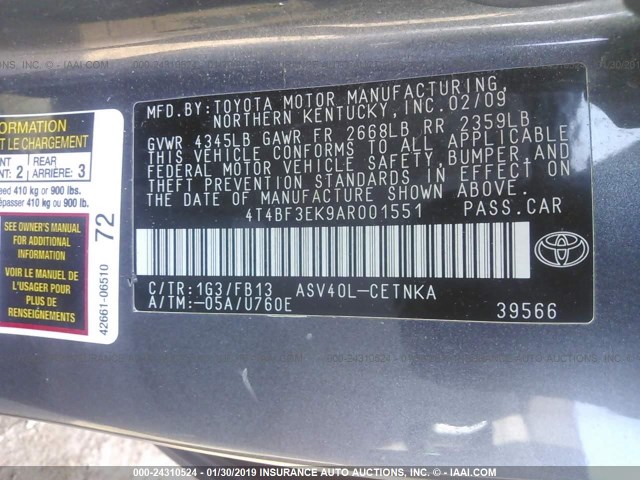 4T4BF3EK9AR001551 - 2010 TOYOTA CAMRY SE/LE/XLE GRAY photo 9