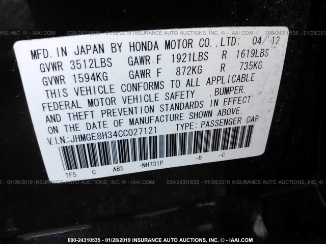 JHMGE8H34CC027121 - 2012 HONDA FIT BLACK photo 9