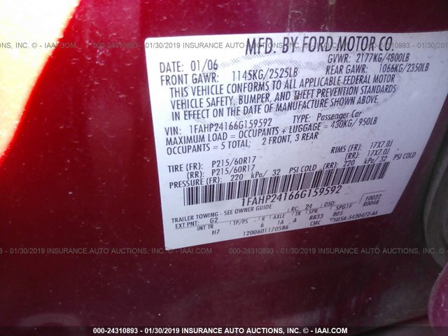 1FAHP24166G159592 - 2006 FORD FIVE HUNDRED SEL RED photo 9