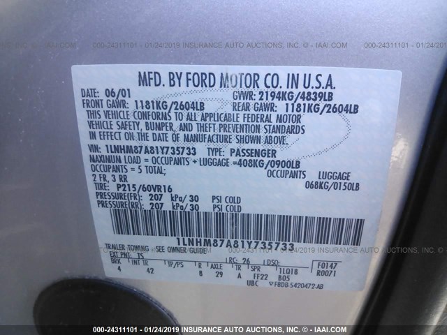 1LNHM87A81Y735733 - 2001 LINCOLN LS SILVER photo 9