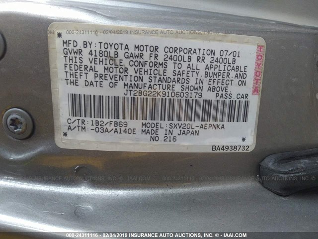 JT2BG22K910603179 - 2001 TOYOTA CAMRY CE/LE/XLE GRAY photo 9