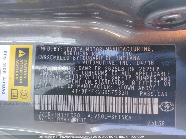 4T4BF1FK2GR575338 - 2016 TOYOTA CAMRY LE/XLE/SE/XSE GRAY photo 9