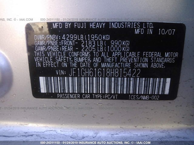 JF1GH61618H815422 - 2008 SUBARU IMPREZA 2.5I GRAY photo 9