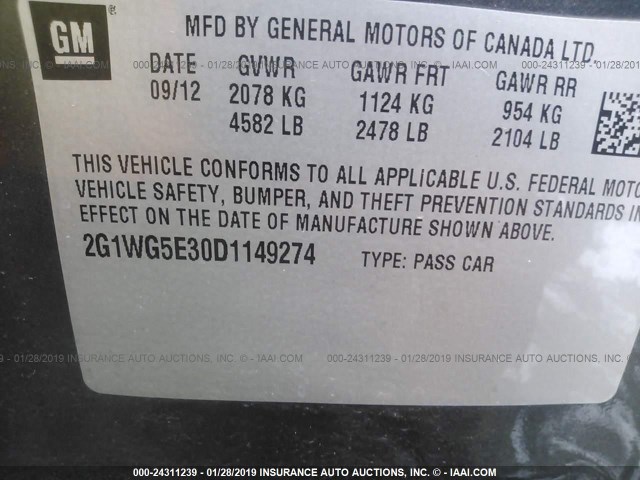 2G1WG5E30D1149274 - 2013 CHEVROLET IMPALA LT BLACK photo 9