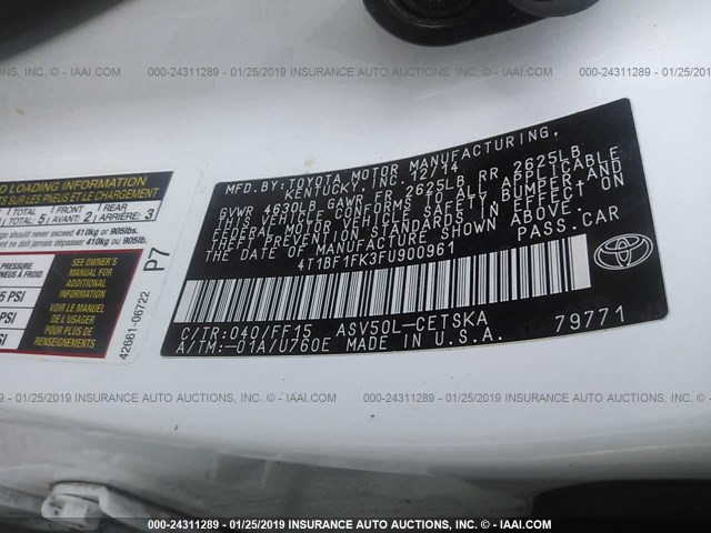 4T1BF1FK3FU900961 - 2015 TOYOTA CAMRY LE/XLE/SE/XSE WHITE photo 9