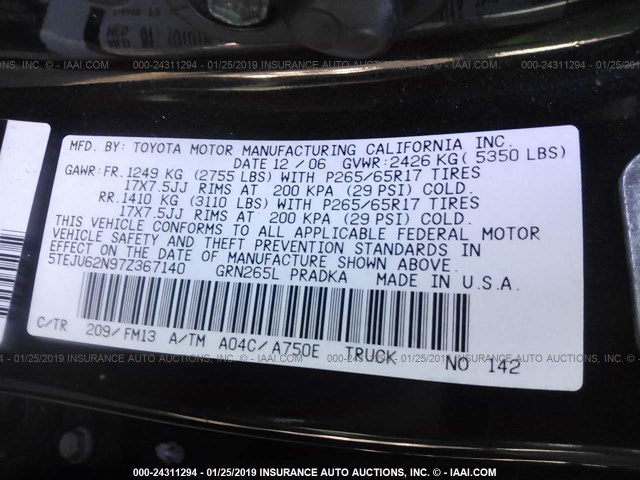 5TEJU62N97Z367140 - 2007 TOYOTA TACOMA DOUBLE CAB PRERUNNER BLACK photo 9