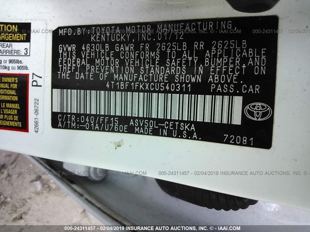 4T1BF1FKXCU540311 - 2012 TOYOTA CAMRY SE/LE/XLE 白色 照片 9