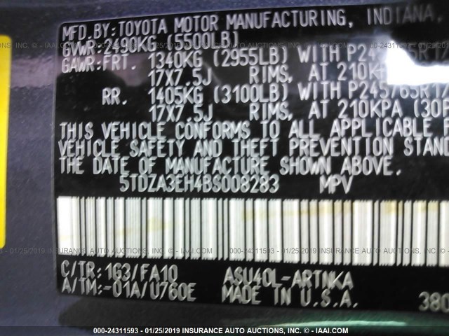 5TDZA3EH4BS008283 - 2011 TOYOTA HIGHLANDER SE GRAY photo 9