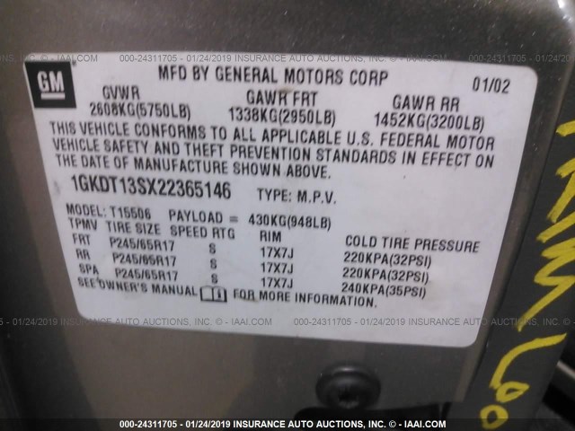 1GKDT13SX22365146 - 2002 GMC ENVOY GRAY photo 9