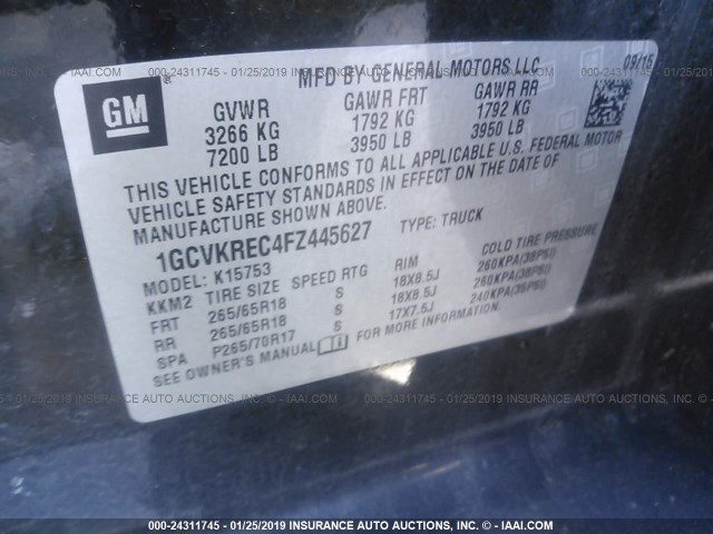 1GCVKREC4FZ445627 - 2015 CHEVROLET SILVERADO K1500 LT BLACK photo 9