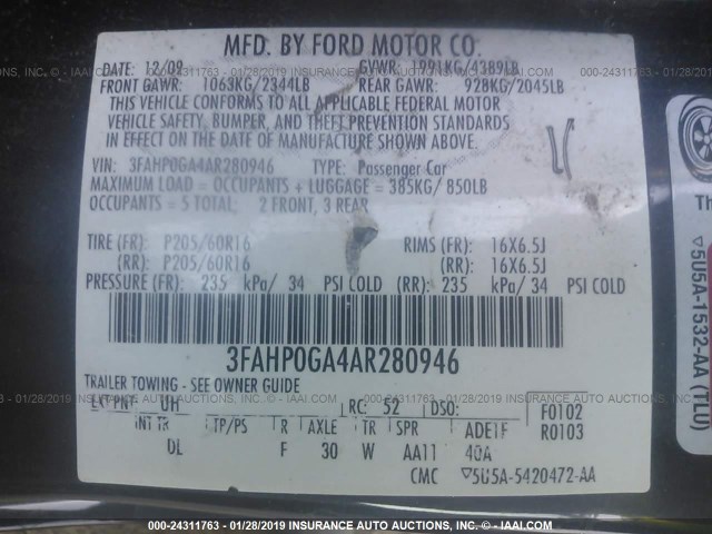 3FAHP0GA4AR280946 - 2010 FORD FUSION S BLACK photo 9