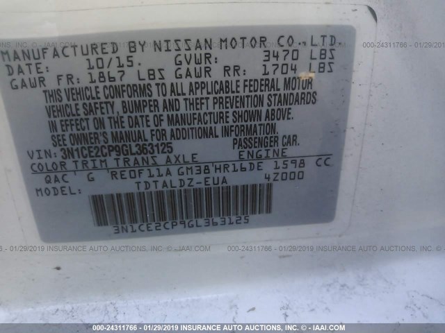 3N1CE2CP9GL363125 - 2016 NISSAN VERSA NOTE S/S PLUS/SV/SL/SR WHITE photo 9