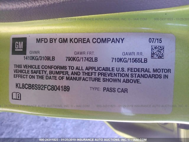 KL8CB6S92FC804189 - 2015 CHEVROLET SPARK LS GREEN photo 9