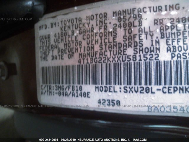 4T1BG22KXXU581522 - 1999 TOYOTA CAMRY CE/LE/XLE 栗色 照片 9