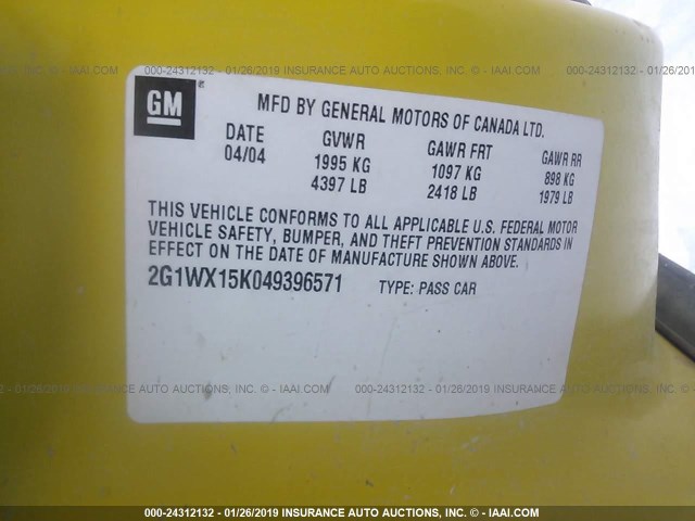 2G1WX15K049396571 - 2004 CHEVROLET MONTE CARLO SS YELLOW photo 9