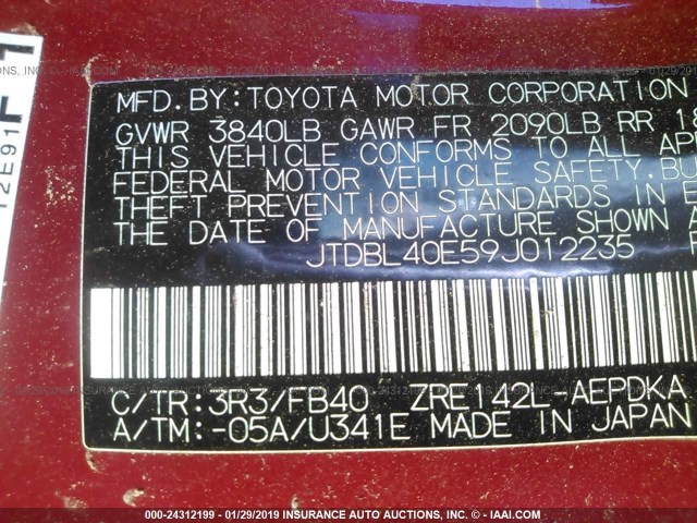 JTDBL40E59J012235 - 2009 TOYOTA COROLLA LE/XLE RED photo 9