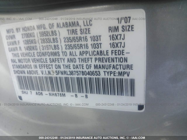 5FNRL38757B040653 - 2007 HONDA ODYSSEY EXL SILVER photo 9