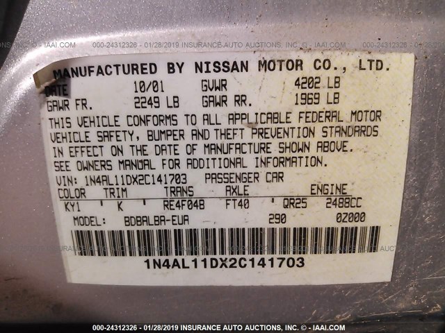 1N4AL11DX2C141703 - 2002 NISSAN ALTIMA S/SL SILVER photo 9