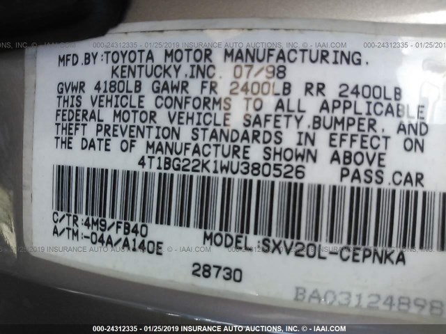 4T1BG22K1WU380526 - 1998 TOYOTA CAMRY CE/LE/XLE BEIGE photo 9