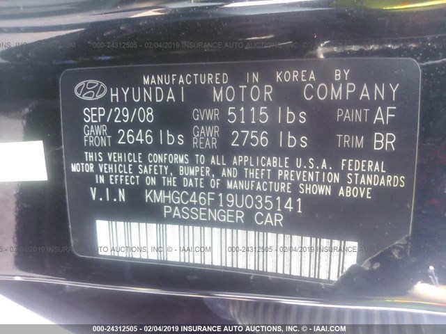 KMHGC46F19U035141 - 2009 HYUNDAI GENESIS 4.6L BLACK photo 9