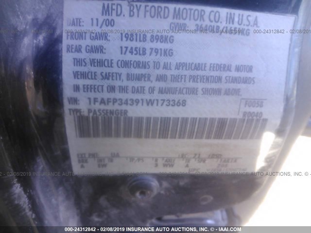 1FAFP34391W173368 - 2001 FORD FOCUS SE/SE SPORT BLACK photo 9