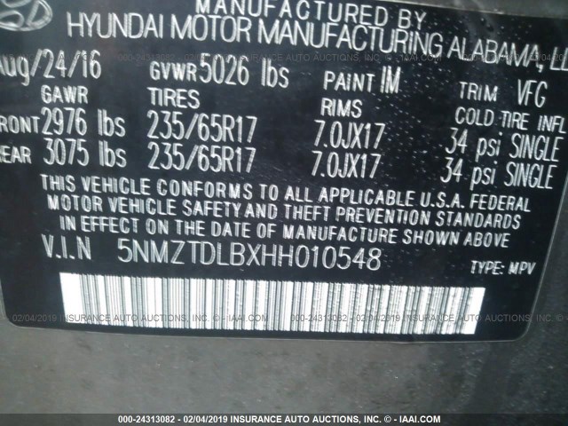 5NMZTDLBXHH010548 - 2017 HYUNDAI SANTA FE SPORT  GRAY photo 9