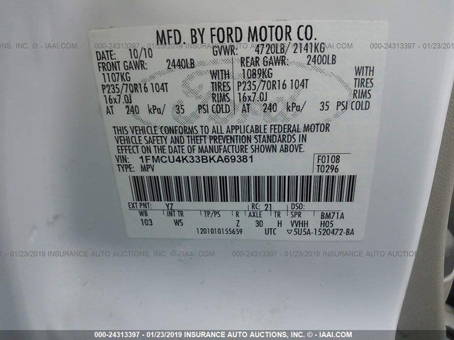 1FMCU4K33BKA69381 - 2011 FORD ESCAPE HYBRID WHITE photo 9