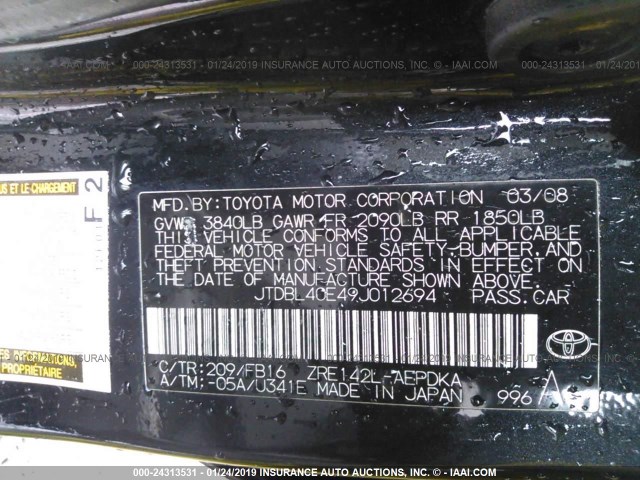 JTDBL40E49J012694 - 2009 TOYOTA COROLLA LE/XLE BLACK photo 9