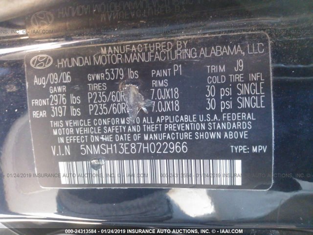 5NMSH13E87H022966 - 2007 HYUNDAI SANTA FE SE/LIMITED BLUE photo 9