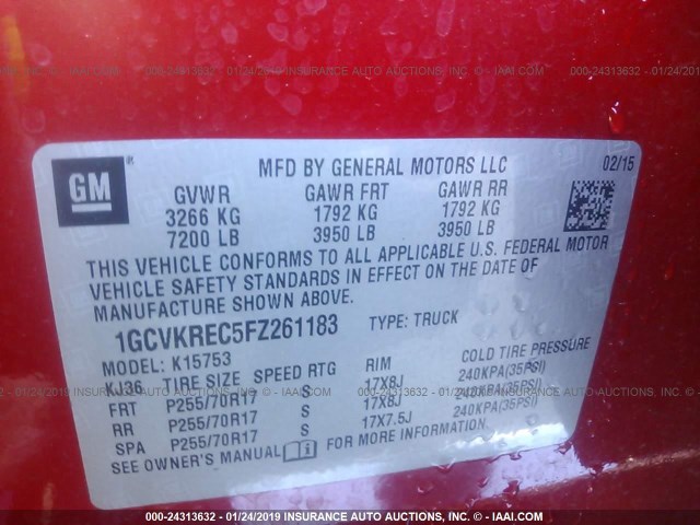 1GCVKREC5FZ261183 - 2015 CHEVROLET SILVERADO K1500 LT RED photo 9