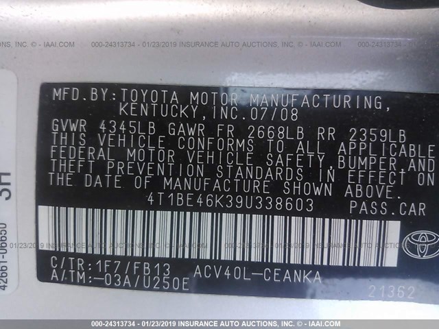 4T1BE46K39U338603 - 2009 TOYOTA CAMRY SE/LE/XLE 银色 照片 9