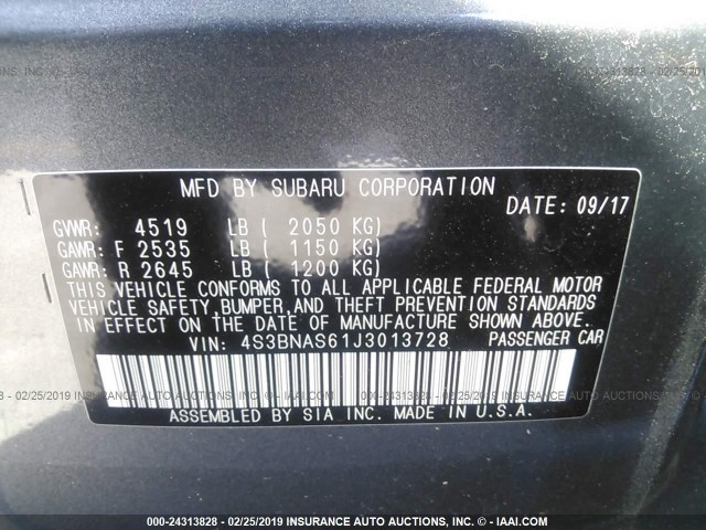 4S3BNAS61J3013728 - 2018 SUBARU LEGACY SPORT GRAY photo 9