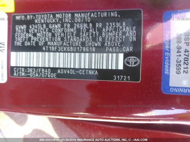 4T1BF3EK6BU178618 - 2011 TOYOTA CAMRY SE/LE/XLE 红色 照片 9