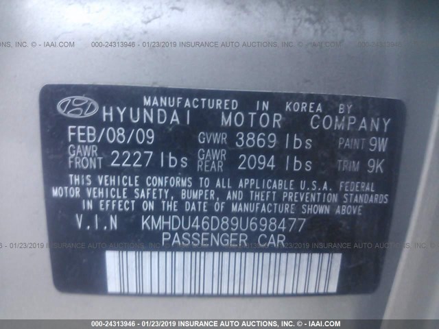 KMHDU46D89U698477 - 2009 HYUNDAI ELANTRA GLS/SE GOLD photo 9