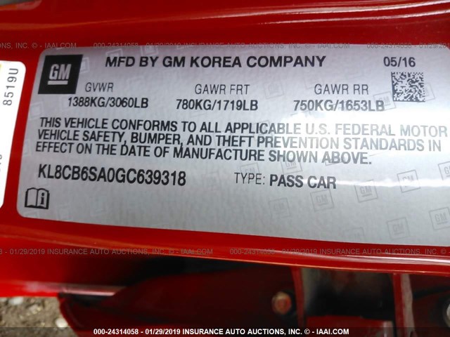 KL8CB6SA0GC639318 - 2016 CHEVROLET SPARK LS RED photo 9