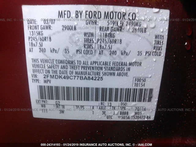 2FMDK49C77BA84225 - 2007 FORD EDGE SEL PLUS BURGUNDY photo 9