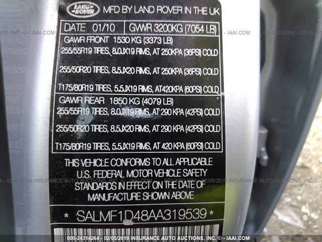 SALMF1D48AA319539 - 2010 LAND ROVER RANGE ROVER HSE LUXURY SILVER photo 9