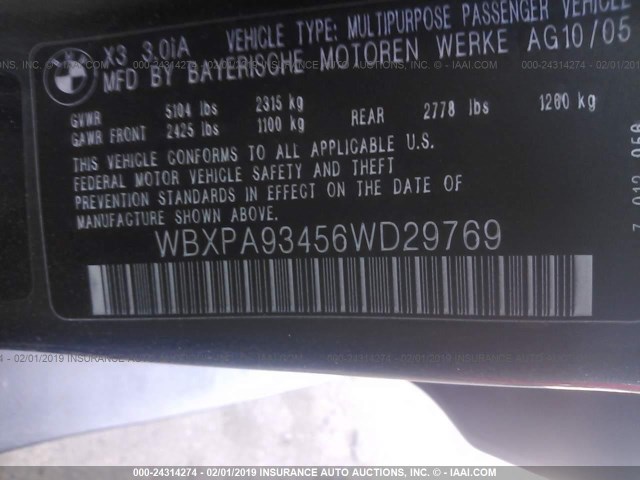 WBXPA93456WD29769 - 2006 BMW X3 3.0I GRAY photo 9