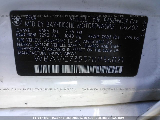 WBAVC73537KP36021 - 2007 BMW 328 XI SULEV WHITE photo 9