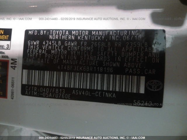 4T4BF3EK6BR118196 - 2011 TOYOTA CAMRY SE/LE/XLE 白色 照片 9