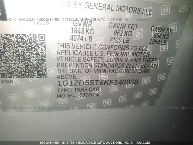 1G1ZD5ST6KF140868 - 2019 CHEVROLET 4 DOOR  SILVER photo 9