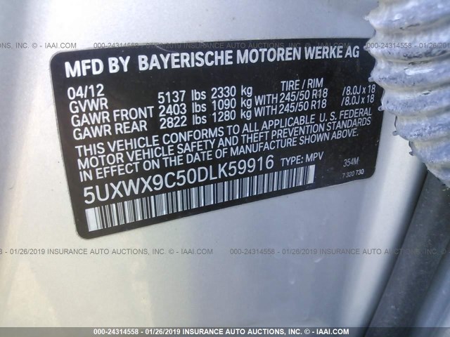 5UXWX9C50DLK59916 - 2013 BMW X3 XDRIVE28I SILVER photo 9