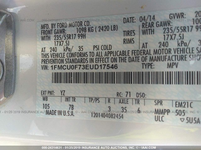 1FMCU0F73EUD17546 - 2014 FORD ESCAPE S WHITE photo 9