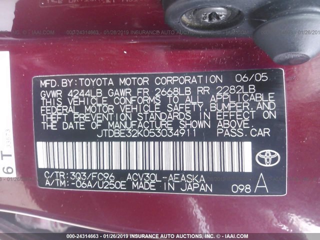 JTDBE32K053034911 - 2005 TOYOTA CAMRY LE/XLE/SE RED photo 9